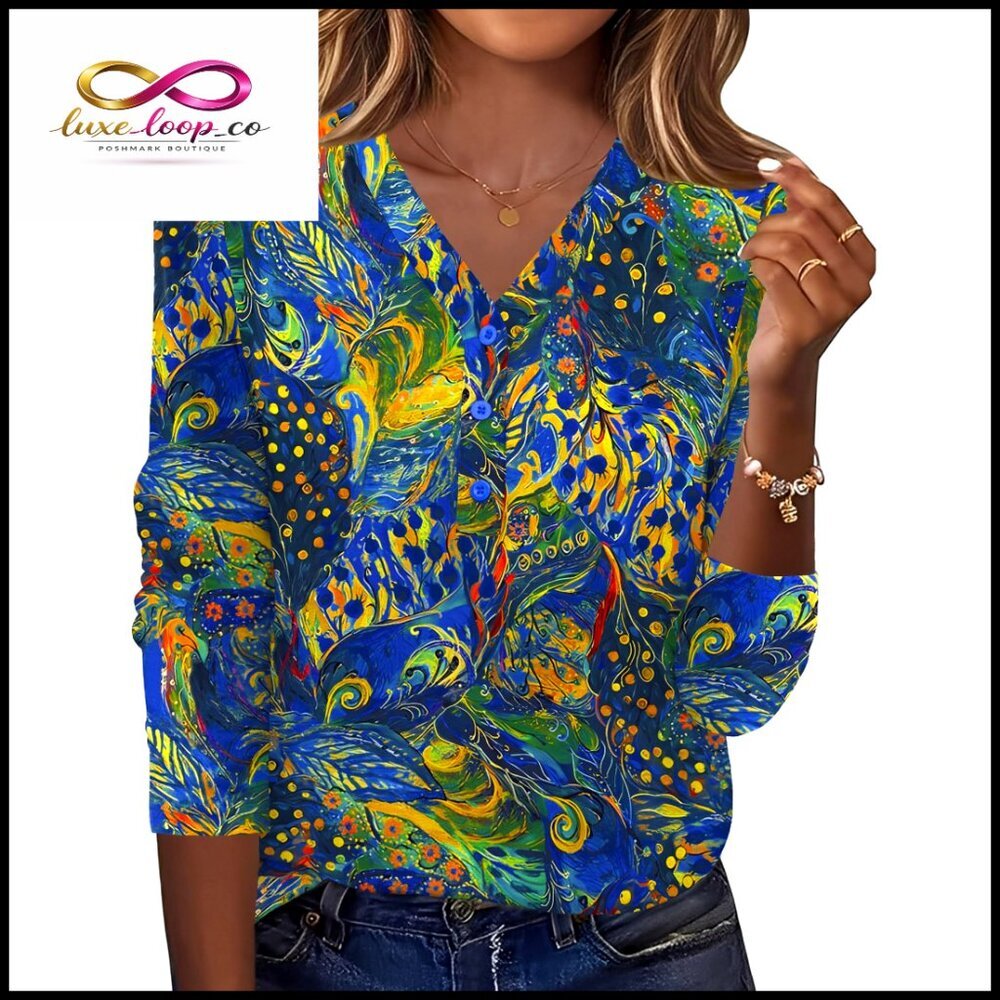 Long Sleeve V Neck Button Down Blouse, Polyester Blend, Regular Fit Tunic Top